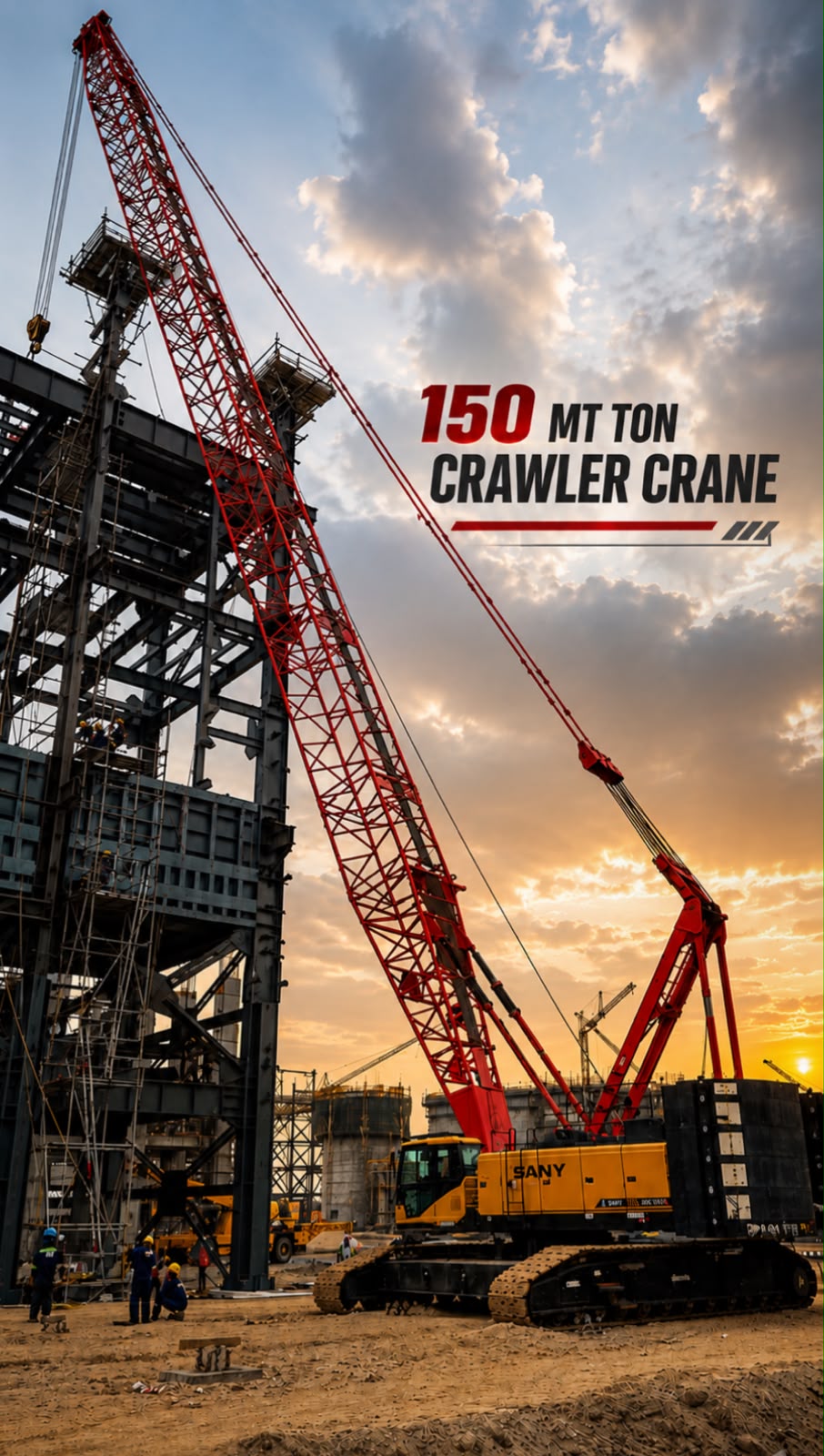 Crawler crane operating at sunset