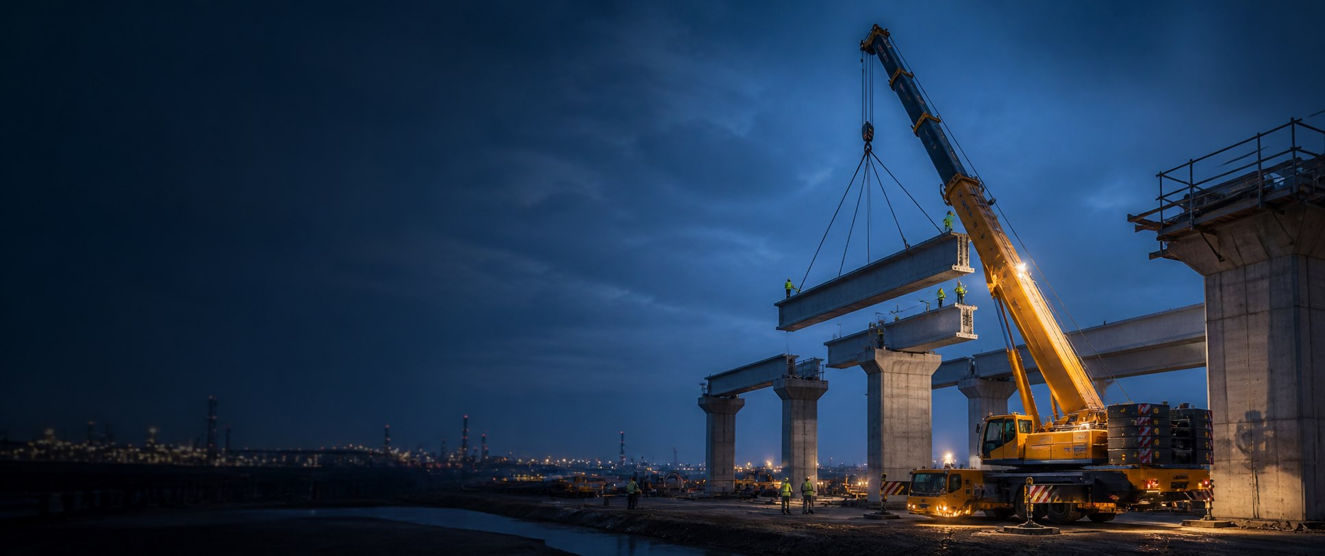 Mobile crane lifting bridge beams at an infrastructure project