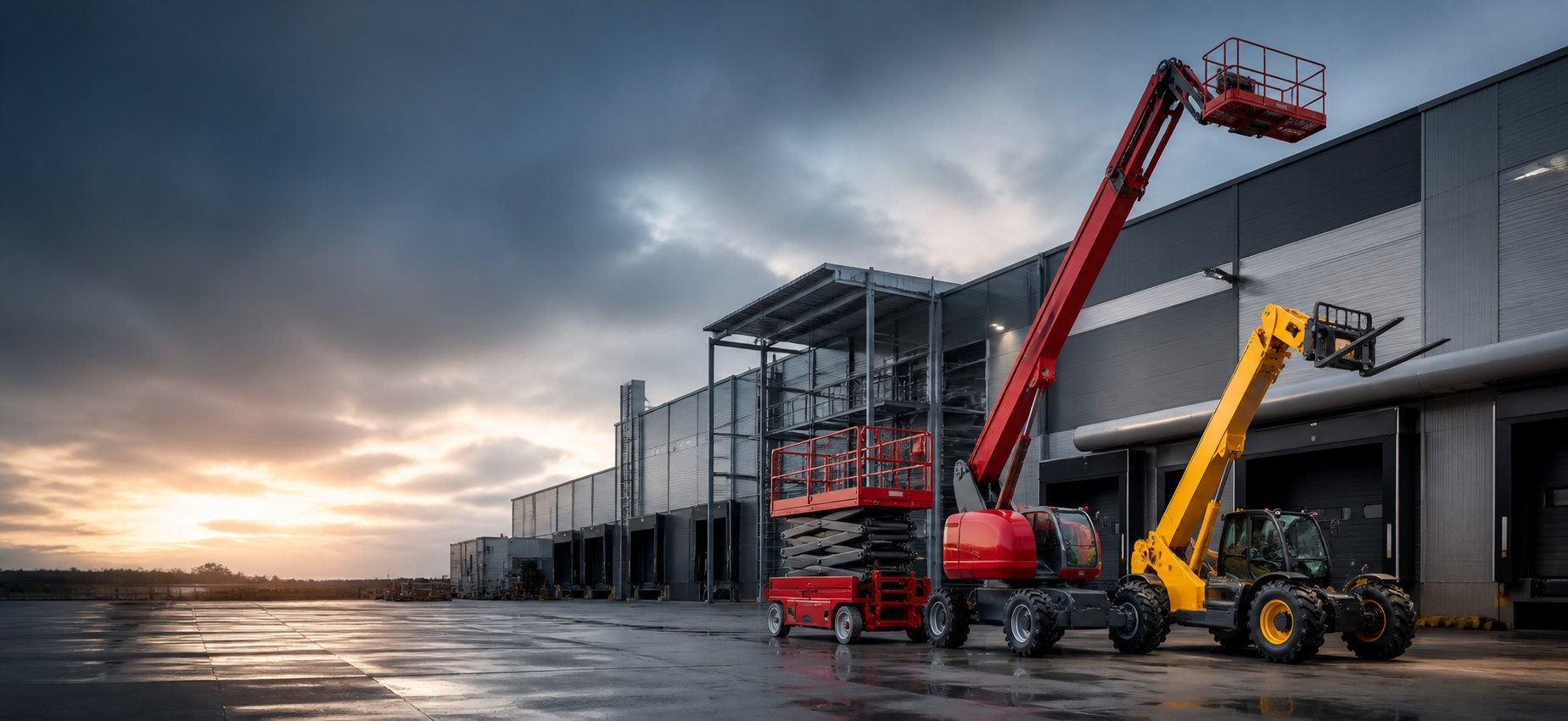 Boom lift, scissor lift and telehandler fleet outside a warehouse